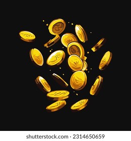 Monedas de oro vectoriales aisladas en fondo negro. Ilustración vectorial Eps10.