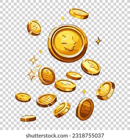 Monedas de oro vectoriales aisladas en fondo transparente. Ilustración vectorial Eps10.