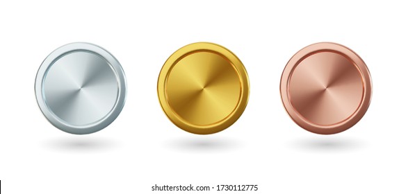 Vector gold coins and medal with ribbon, set of isolated awards in realistic design. Symbol of money and wealth. Celebration and ceremony concept.