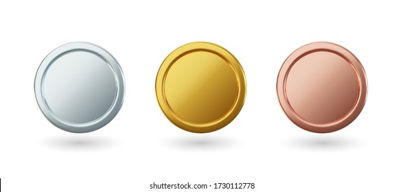 Vector gold coins and medal with ribbon, set of isolated awards in realistic design. Symbol of money and wealth. Celebration and ceremony concept.