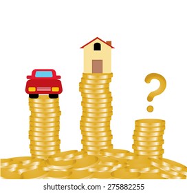 Vector of Gold coins money stack with house and car concept money saving