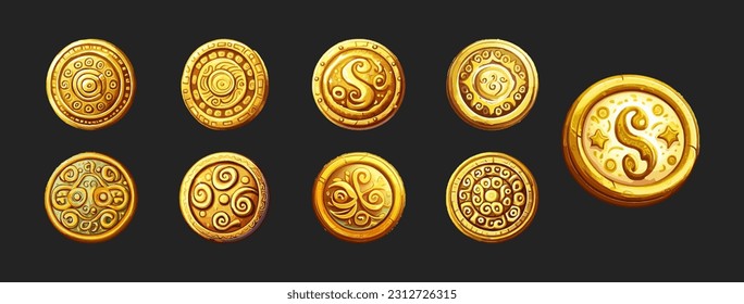 Vektorgoldmünzen-Set einzeln auf schwarzem Hintergrund. Eps10 Vektorgrafik.
