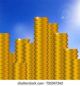 Vector Gold Coins Stack on a Blue Sky background. Much Money concept.