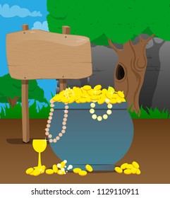 Vector of gold coins, treasure with medieval building on the background.