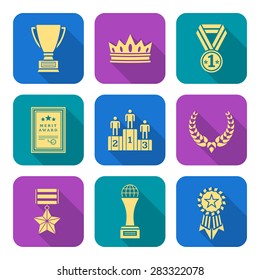 vector gold color flat design various rewards prize sign icons set long shadows