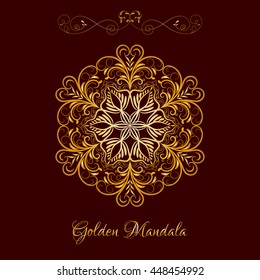 Vector Gold Color Flower Mandala over dark brown. Elements for your designs, invitation card, yoga, meditation, astrology and other projects. Arabic, asian motifs.