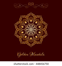 Vector Gold Color Flower Mandala over dark brown. Elements for your designs, invitation card, yoga, meditation, astrology and other projects. Arabic, asian motifs.