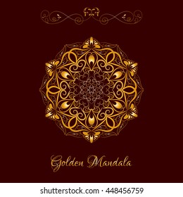Vector Gold Color Flower Mandala over dark brown. Elements for your designs, invitation card, yoga, meditation, astrology and other projects. Arabic, asian motifs.