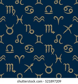 vector gold color hand drawn dotwork style zodiac signs dark background deco seamless pattern dark blue background
