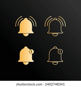 Icono de timbre de notificación de color dorado del vector fijado en fondo negro