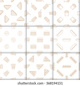 Vector Gold Color Outline Coffee Paper Hot Cup Donut Club Sandwich Sub Sandwich Hamburger Hot Dog Pizza Slice French Fries Soda Cold Drink Paper Cup Straw Seamless Pattern Collection White Background
