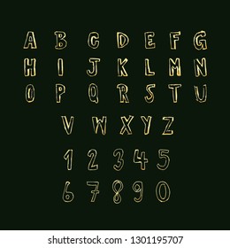 Vector of Gold Colored Handwritten. illustration Font Abstract Font A b c -Z ,Number 1 2 3 - 0 and Calligraphic Vintage Style Characters