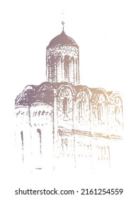 Vector gold colored illustration of Dmitry Cathedral in the city of Vladimir, vintage architectural sketch, drawn by pencil and traced