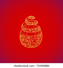 vector gold colorful cleared pomelo fruit spiral rind yellow contour illustration design on red background