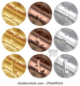 Vector : Gold, Copper and Silver Coin Icon For Banking, Money Exchange or Currency Converter Business With Dollar, Euro and Pound Currency Sign Isolated on White Background 