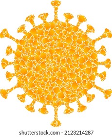 Vector Gold Covid Virus Mosaic Icon. Covid Virus Is Isolated On A White Background. Gold Particles Pattern Based On Covid Virus Icon. Mosaic Covid Virus Iconic Image Is Made From Yellow Elements.