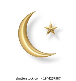 Vector gold crescent moon and gold star with outer shadows. Decorative, realistic 3d elements of gold for Muslim holidays isolated on white background.