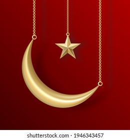 Vector gold crescent moon and gold star with outer shadows suspended on gold chains.