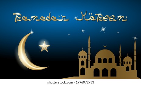 Vector gold crescent moon and gold star with gold letters Ramadan Kareem in Arabic style. Decorative, realistic 3d gold elements for muslim holidays on the background of the mosque and the starry sky