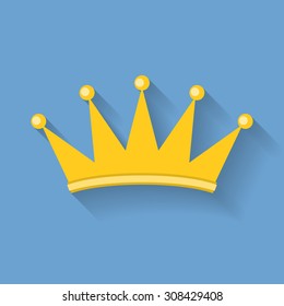 Vector gold crown icon, flat design with long shadow