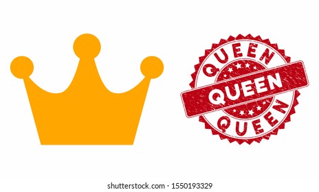 Vector gold crown icon and grunge round stamp seal with Queen caption. Flat gold crown icon is isolated on a white background. Queen seal uses red color and grunge design.