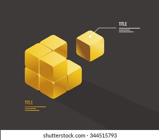 vector gold cube puzzle / modern business infographic template, diagram / quality noble metal / gold bullion