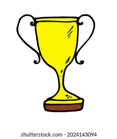 Vektorgoldbecher. Eine gelbe Tasse im Doodle-Stil mit schwarzem Umriss auf einem braunen Ständer ist eine Belohnung, Seitenansicht. das Symbol Nummer Eins auf weißem Hintergrund für die Designvorlage