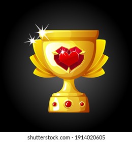 Vector gold cup with gemstone heart for winner. Illustration of a goblet with a diamond precious.