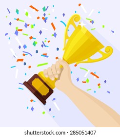 Vector gold cup in hand. Flat illustration