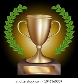 Vector. Gold Cup with the winner's wreath. Laurel wreath. Presentation of awards, isolated background, illustrations in 3D realistic.