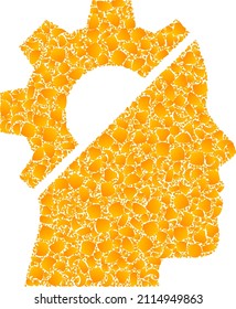 Vector gold cyborg gear mosaic icon. Cyborg gear is isolated on a white background. Gold particles mosaic based on cyborg gear icon. Mosaic cyborg gear iconic image is composed from yellow elements.