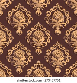 Vector gold damask seamless pattern background. Elegant luxury texture for wallpapers, backgrounds and page fill. 3D elements with shadows and highlights. Paper cut.