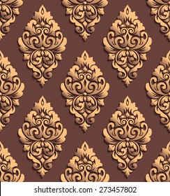 Vector gold damask seamless pattern background. Elegant luxury texture for wallpapers, backgrounds and page fill. 3D elements with shadows and highlights. Paper cut.