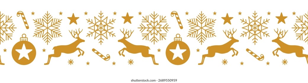 Vetor ouro decorativo natal horizontal padrão sem emenda com veados, flocos de neve, estrelas e ornamentos