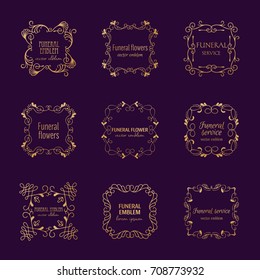 Vector gold decorative frame for funeral service in hand drawn style. Floral and geometrical frame with space for text. Logo design template