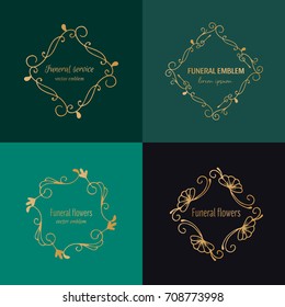 Vector gold decorative frame for funeral service in hand drawn style. Floral and geometrical frame with space for text. Logo design template