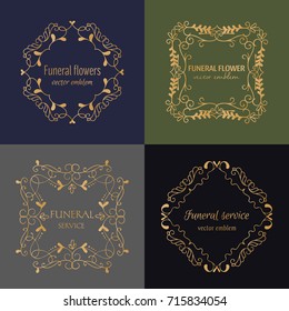 Vector gold decorative frame for funeral service in hand drawn style. Floral and geometrical frame with space for text. Logo design template