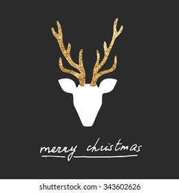 Vector gold deer Merry Christmas postcard.