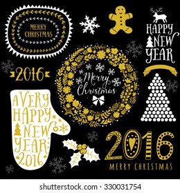 Vector gold design, Merry Christmas And Happy New Year Calligraphic, mitten, wreath, frames, 2016 handmade sign. Christmas set - labels, emblems and other decorative elements.