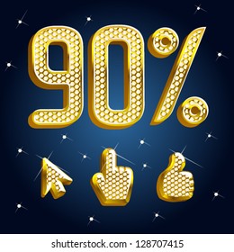 vector gold and diamond font with design elements arrow, click, and thumbs up Percents templates for sale 90%