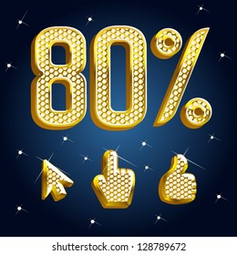 vector gold and diamond font with design elements arrow, click, and thumbs up Percents templates for sale 80%