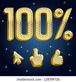 vector gold and diamond font with design elements arrow, click, and thumbs up Percents templates for sale 100%