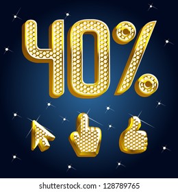 vector gold and diamond font with design elements arrow, click, and thumbs up Percents templates for sale 40%