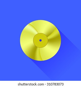 Vector Gold Disc Icon Isolated on Blue Background. Long Shadow