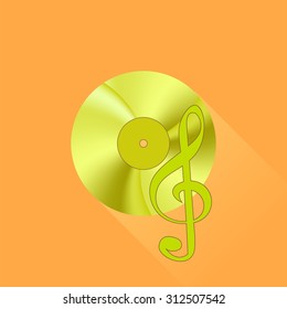 Vector Gold Disc and Treble Clef on Orange Background. Long Shadow