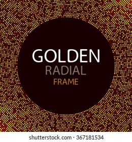 Vector gold disco lights frame or spangles round frame with empty center for text. Gold circle made of tiny uneven dots abstract background. Golden blobs textured round frame on black backdrop.