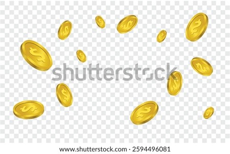 Vector gold dollar coins falling from the sky. Coin explosion on isolated transparent background.