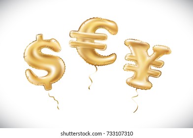 vector Gold dollar euro yen symbol alphabet balloons, money and currency, Golden number and letter balloon art