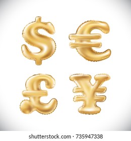 vector Gold dollar euro yen pound sterling symbol alphabet balloons, money and currency, Golden number and letter balloon art