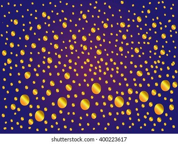 Vector gold dots on purple background - artistic polka dots abstract ornament. Traditional design element for festive, holidays project. Vector purple background with gold droplets.